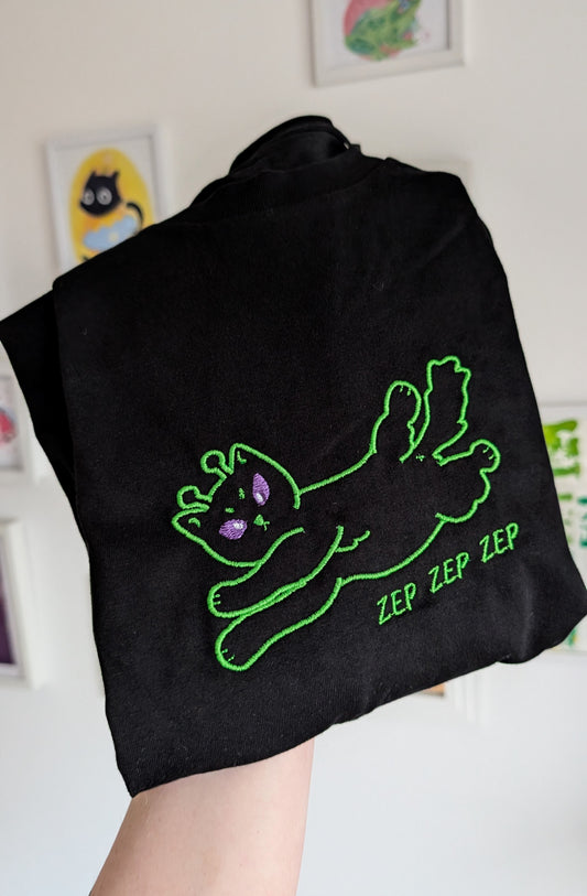 Alien Cat Embroidered Organic Cotton T-Shirt Zep Zep Zep
